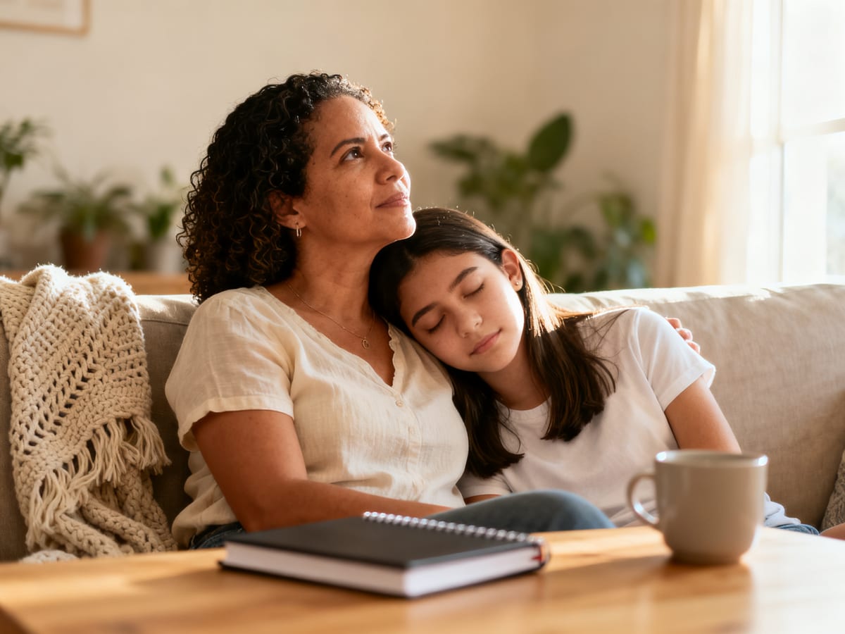 Mãe e filha adolescente sentadas juntas no sofá da sala, encostadas uma na outra em um momento tranquilo de manhã.