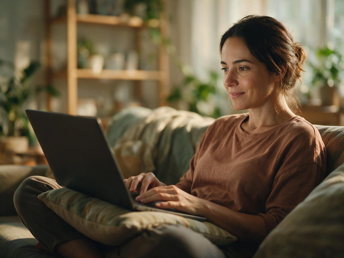 Paciente em casa, sentada no sofá, durante uma consulta online por videochamada.