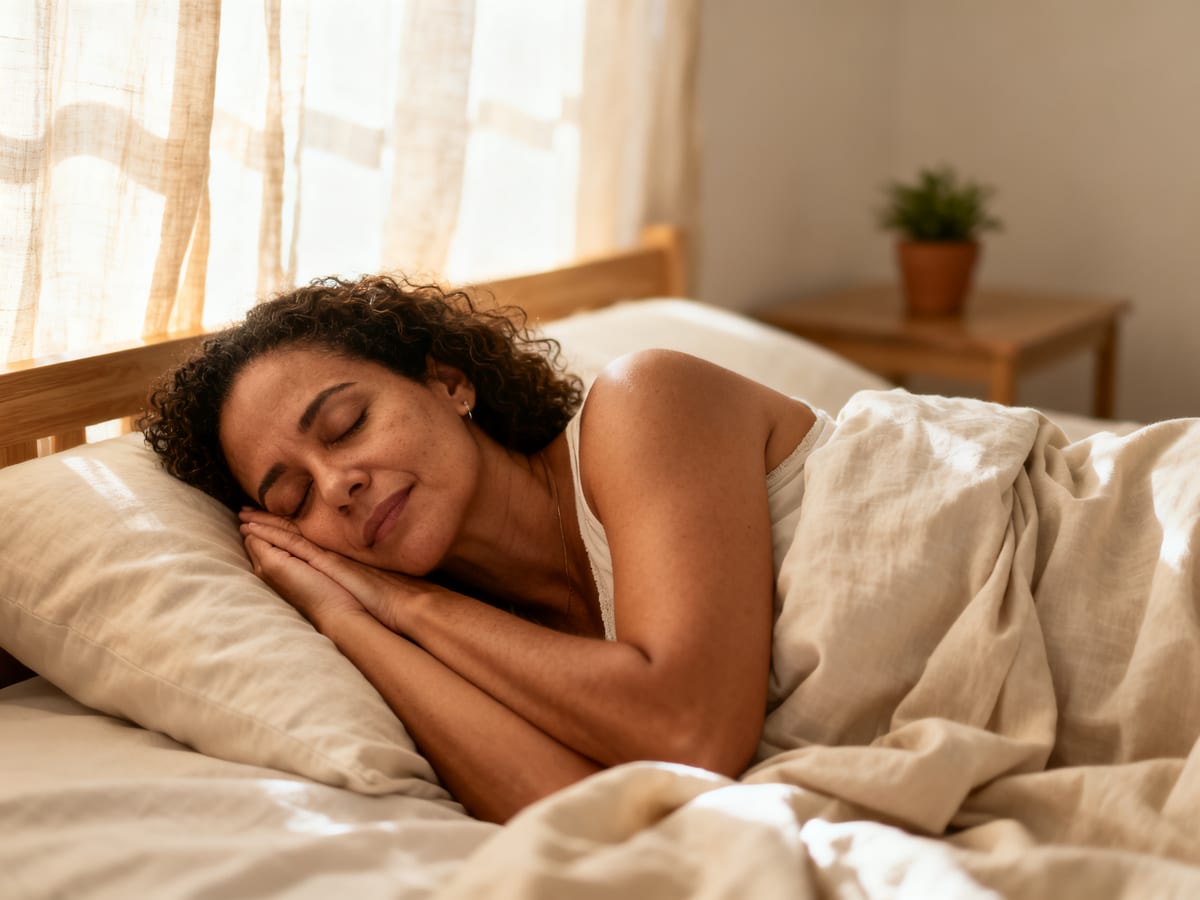 Mulher dormindo tranquilamente de lado na cama, com a luz suave da manhã no rosto.